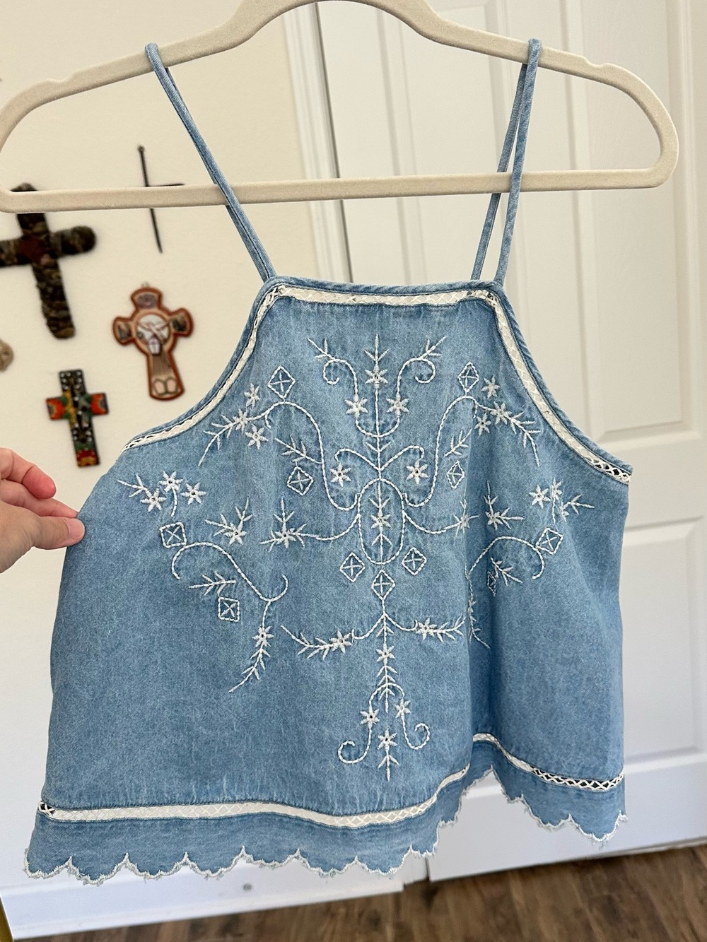 American Eagle Outfitters Light Blue Embroidered Denim Camisole